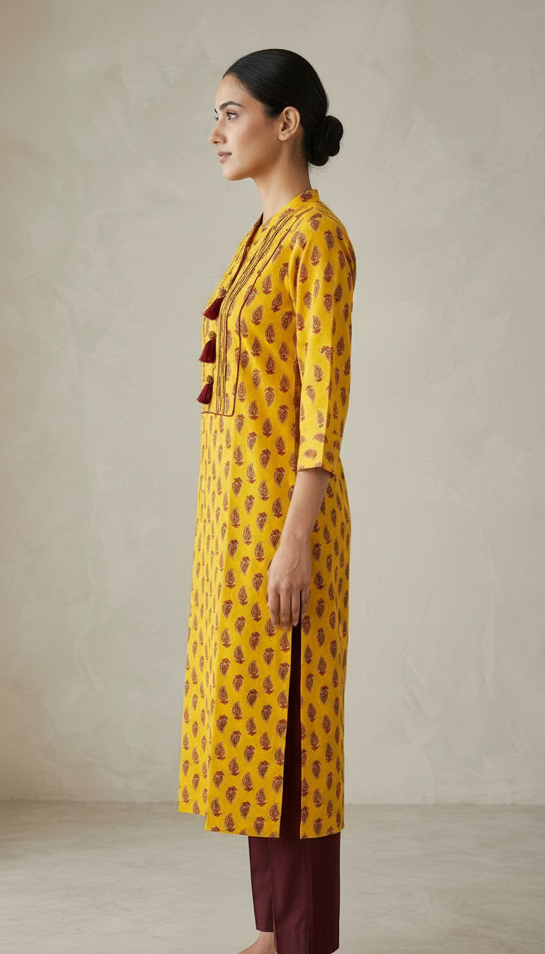 Printed Yellow Cotton Kurta view 5