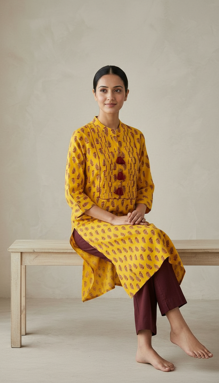 Printed Yellow Cotton Kurta view 4