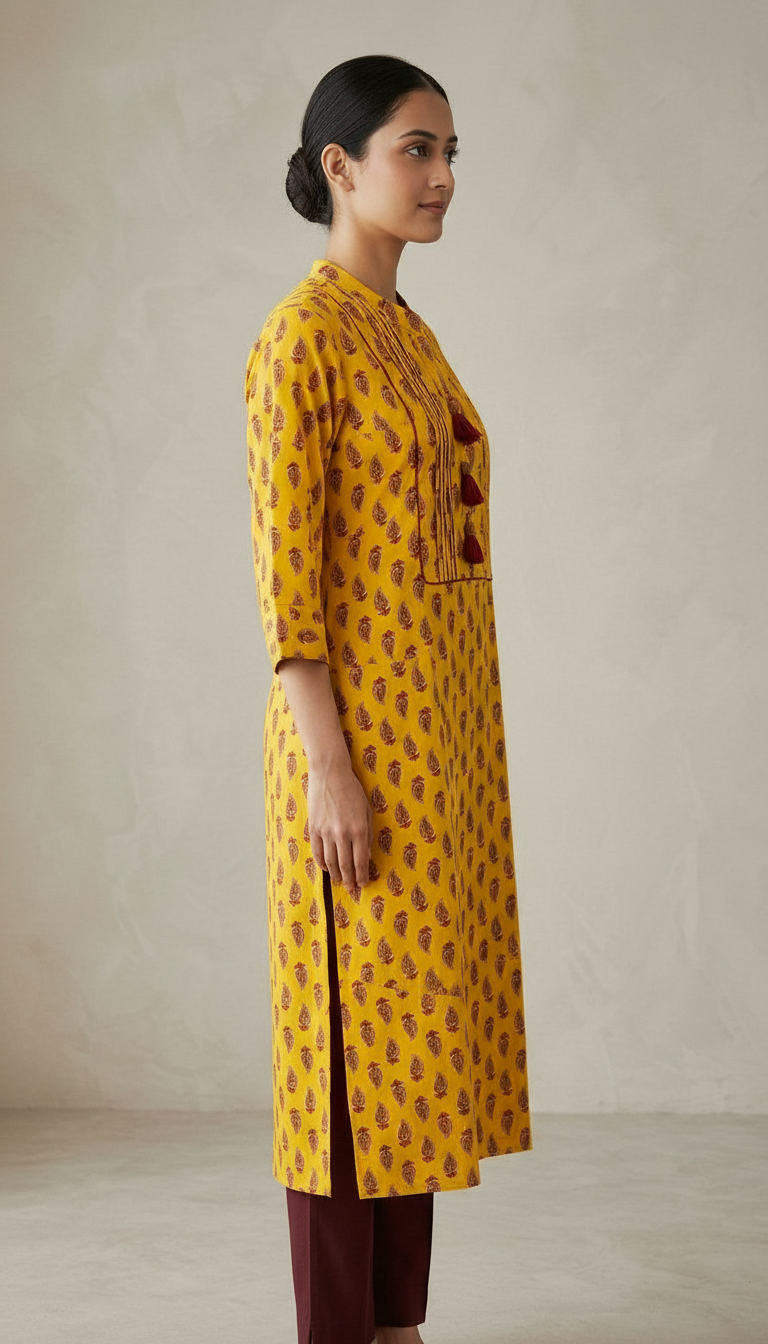 Printed Yellow Cotton Kurta view 2