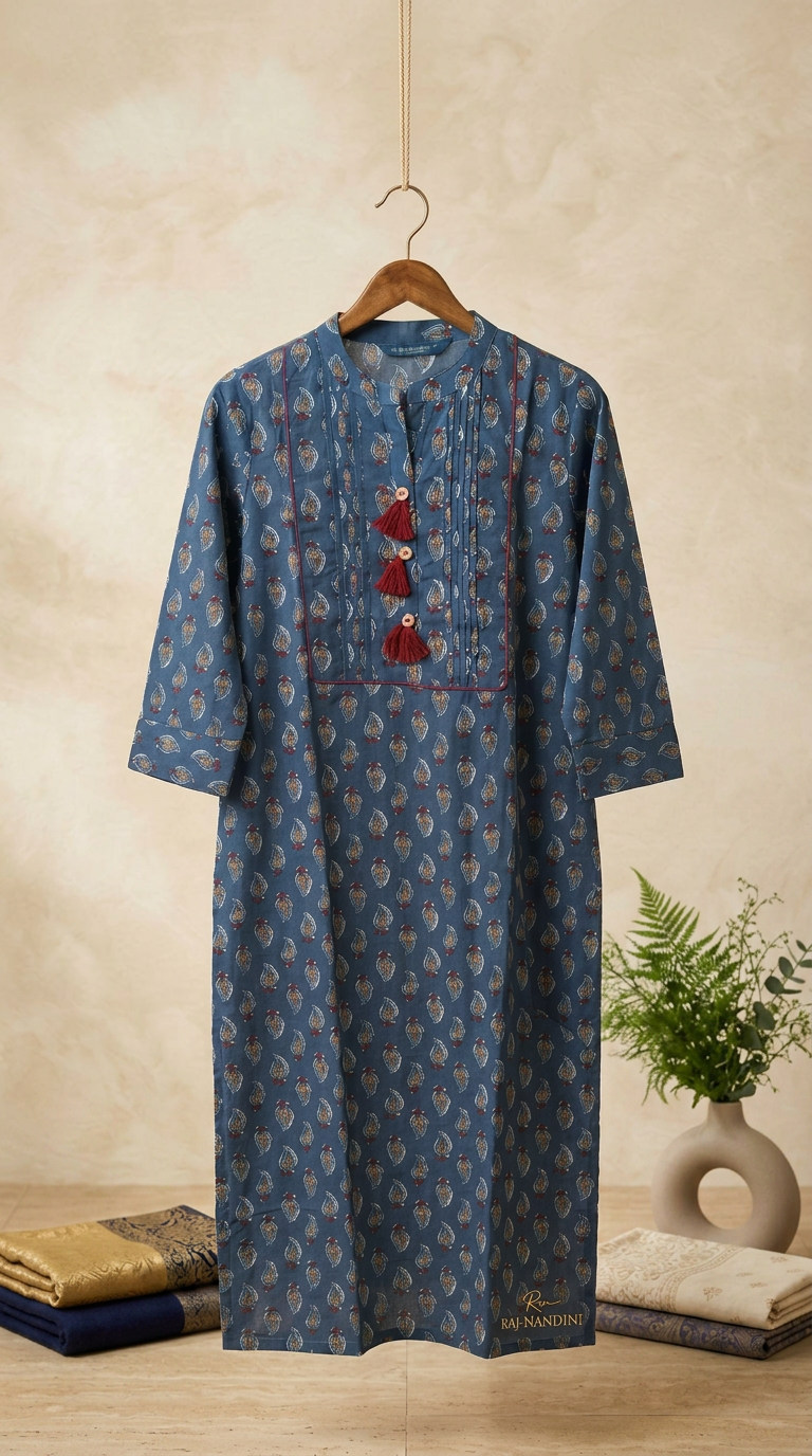 Floral Printed Dusty Blue Cotton Kurta view 2