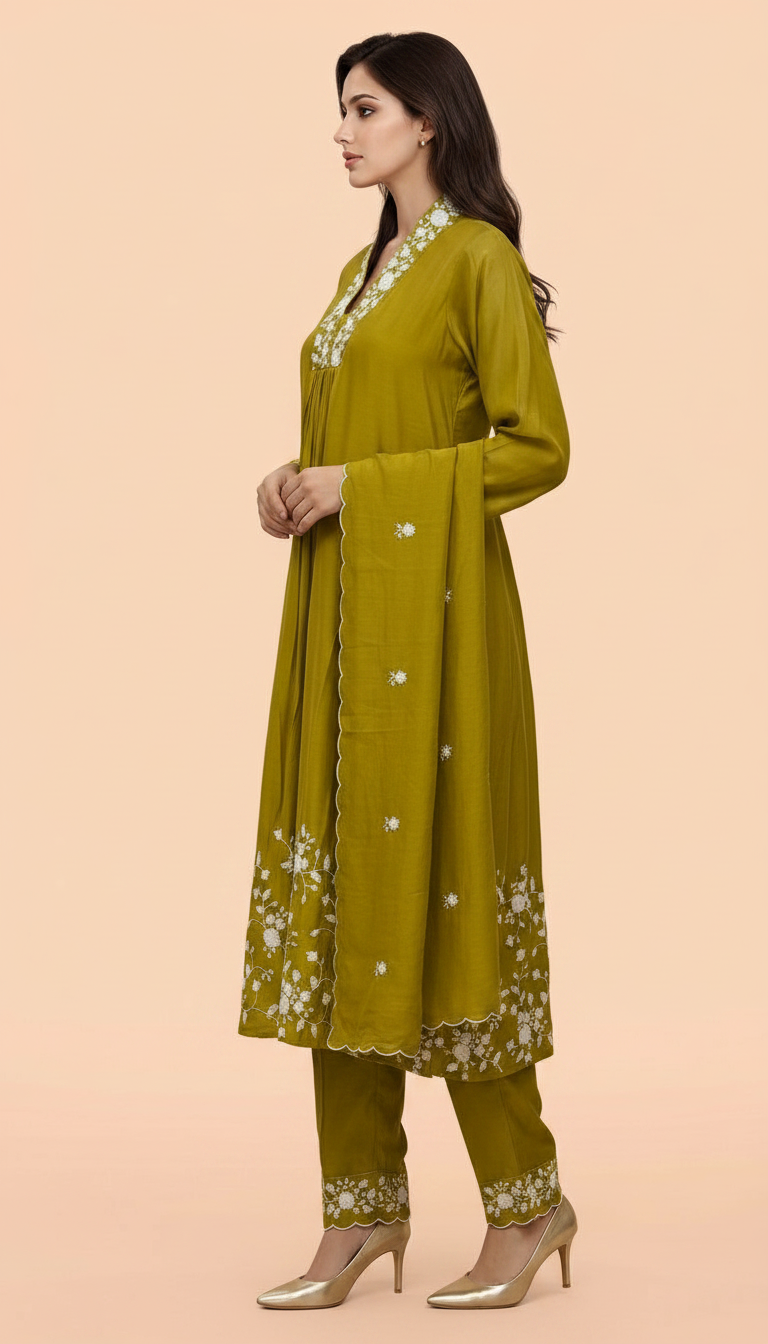 Embroidered Soft Cotton Silk Frock Suit Green - L / HC002148 view 3