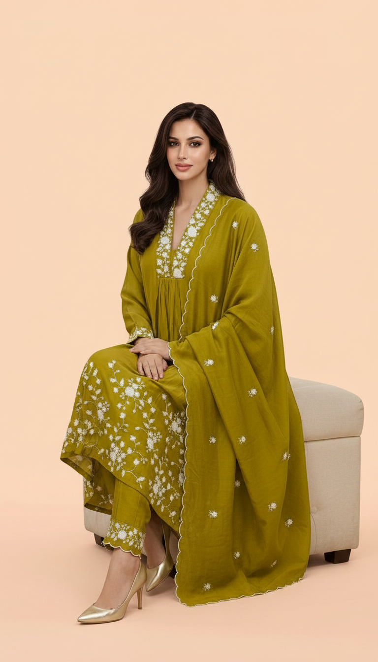 Embroidered Soft Cotton Silk Frock Suit Green - L / HC002148 view 2