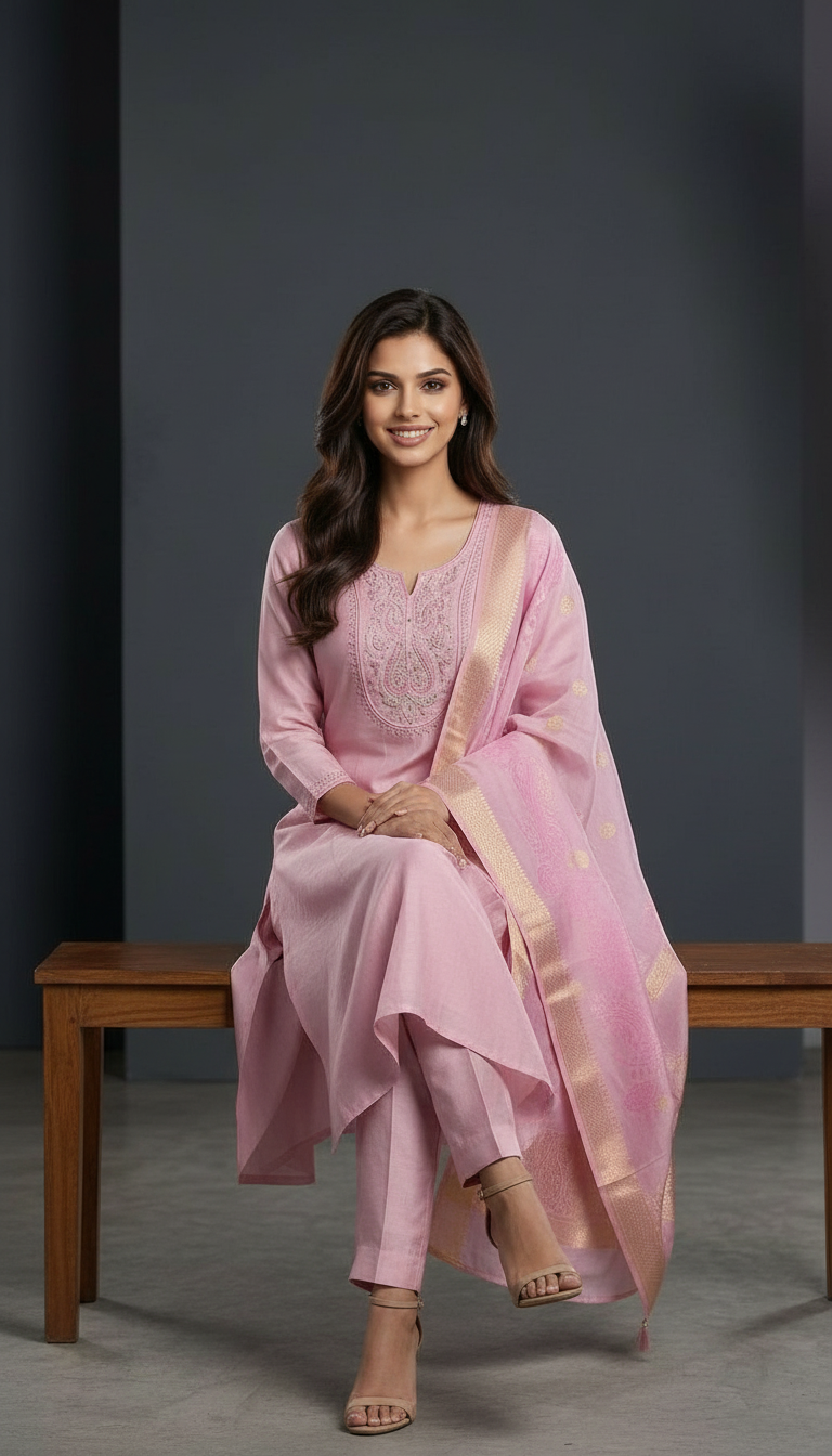Embroidered Cotton Muslim Silk Stitch Frock Suit Pink / HC002161 view 5