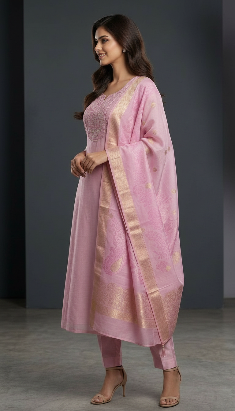 Embroidered Cotton Muslim Silk Stitch Frock Suit Pink / HC002161 view 3