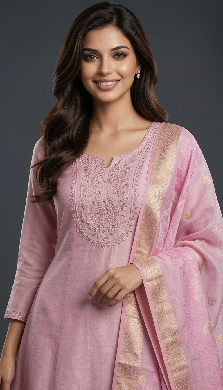 Embroidered Cotton Muslim Silk Stitch Frock Suit Pink / HC002161 view 4