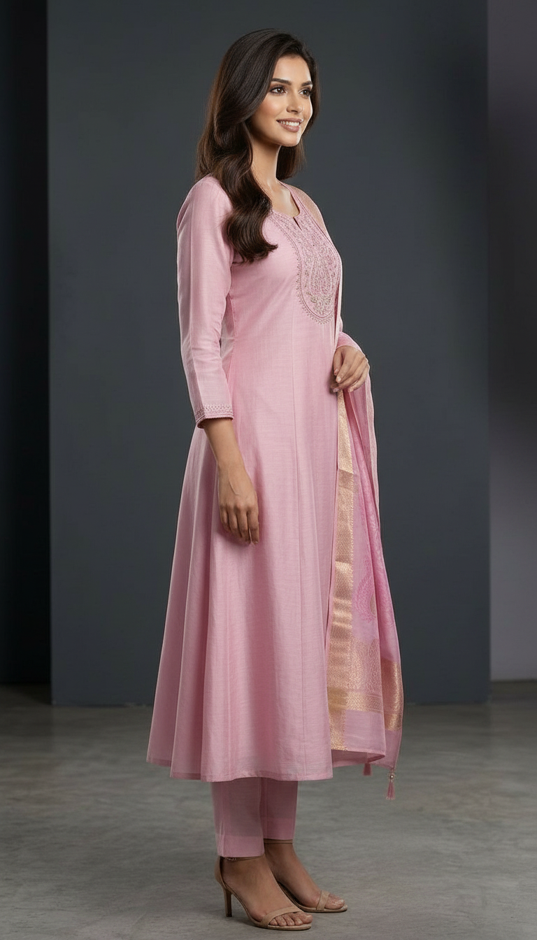 Embroidered Cotton Muslim Silk Stitch Frock Suit Pink / HC002161 view 2