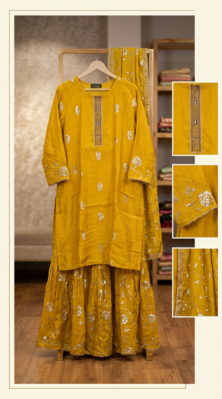 Sequence Embroidered Sharara Partywear Semi Stitch Suit Mustard - B  19 / HC001673 view 6
