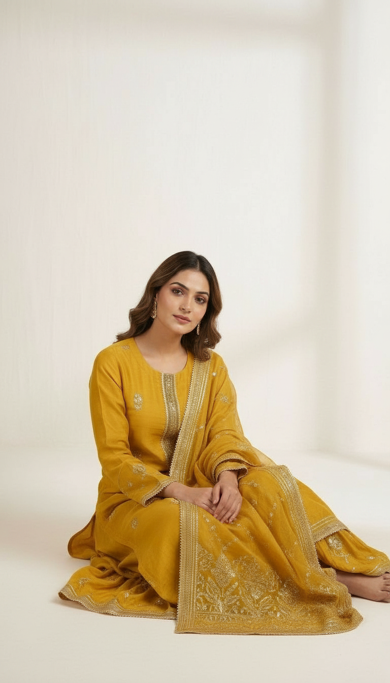 Sequence Embroidered Sharara Partywear Semi Stitch Suit Mustard - B  19 / HC001673 view 5