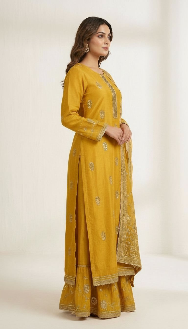 Sequence Embroidered Sharara Partywear Semi Stitch Suit Mustard - B  19 / HC001673 view 3