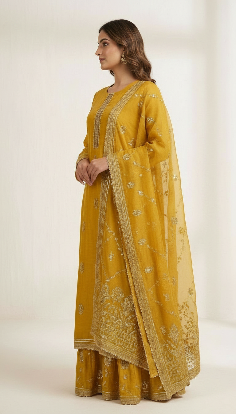 Sequence Embroidered Sharara Partywear Semi Stitch Suit Mustard - B  19 / HC001673 view 2