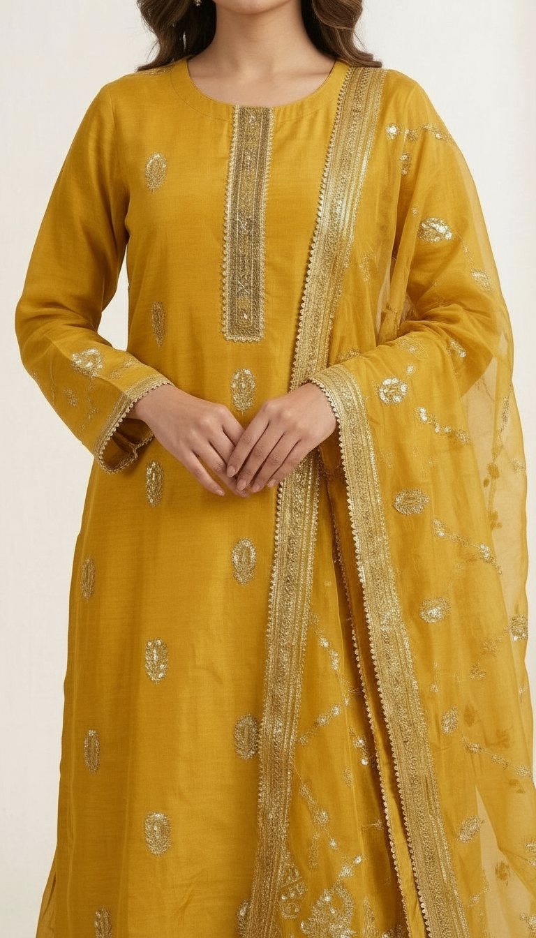 Sequence Embroidered Sharara Partywear Semi Stitch Suit Mustard - B  19 / HC001673 view 4
