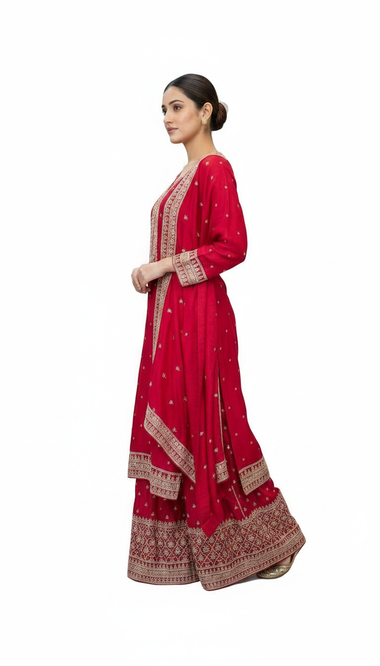 Heavy Embroidered Chinon Silk Partywear Flapper Semi Stitched Suit - Majanta / HC001673 view 5
