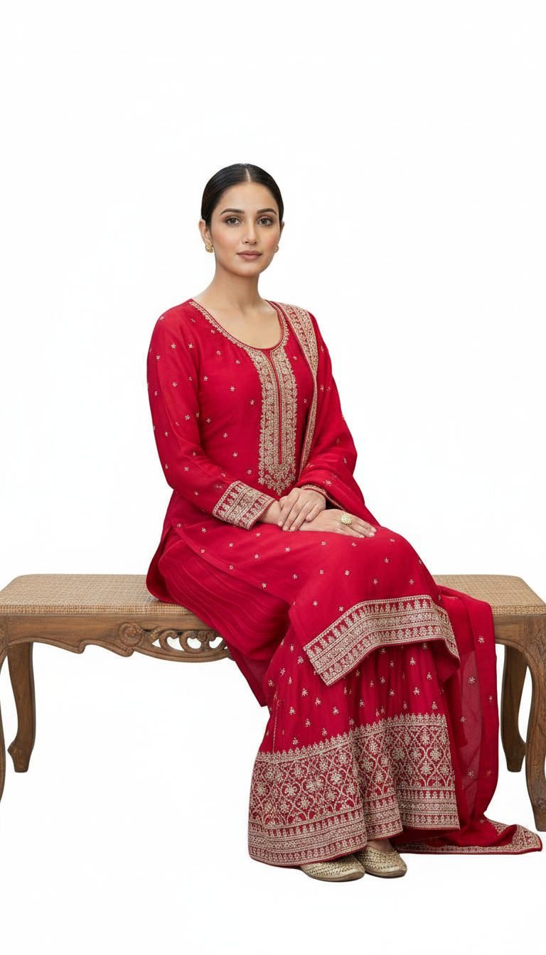 Heavy Embroidered Chinon Silk Partywear Flapper Semi Stitched Suit - Majanta / HC001673 view 3