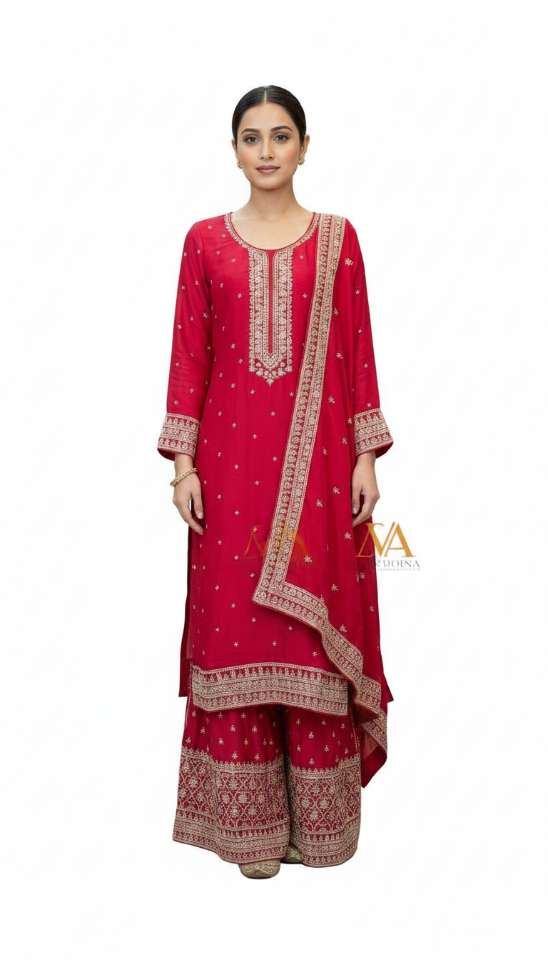Heavy Embroidered Chinon Silk Partywear Flapper Semi Stitched Suit - Majanta / HC001673 view 6