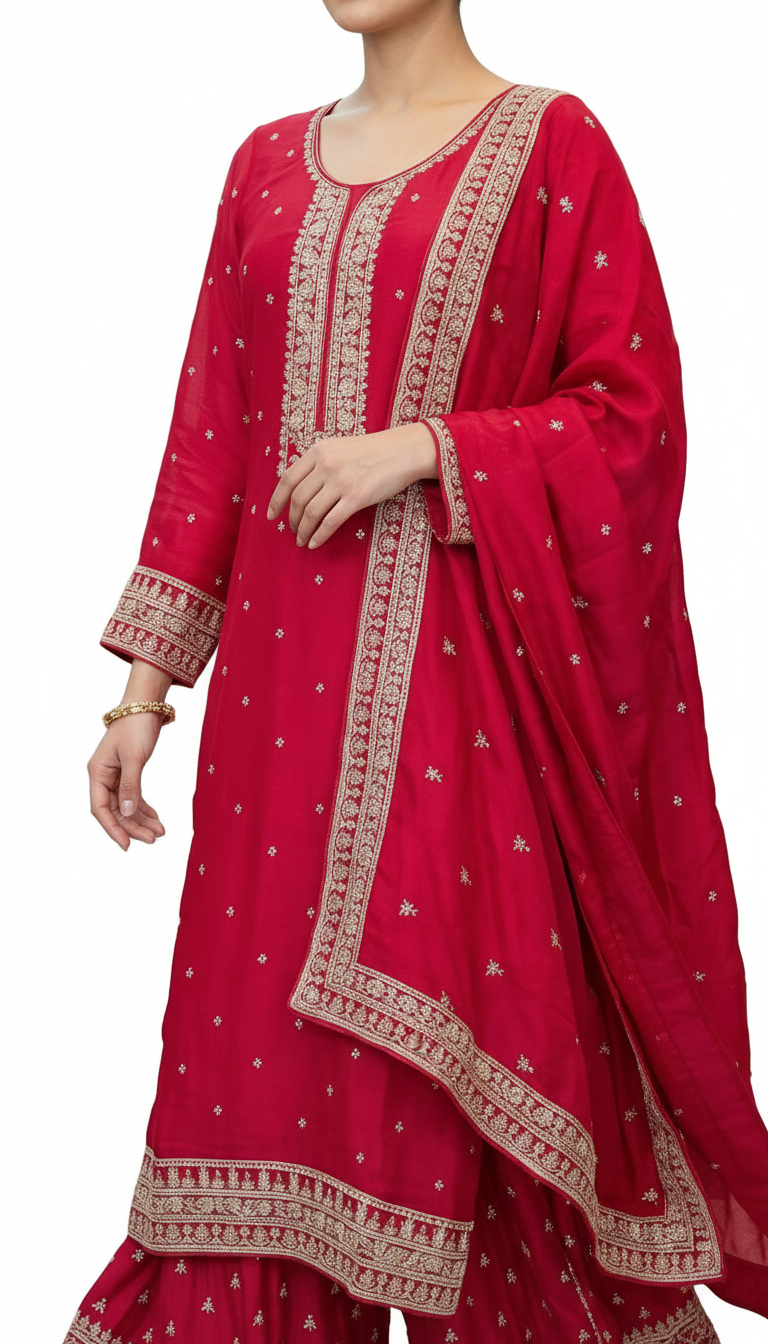 Heavy Embroidered Chinon Silk Partywear Flapper Semi Stitched Suit - Majanta / HC001673 view 4