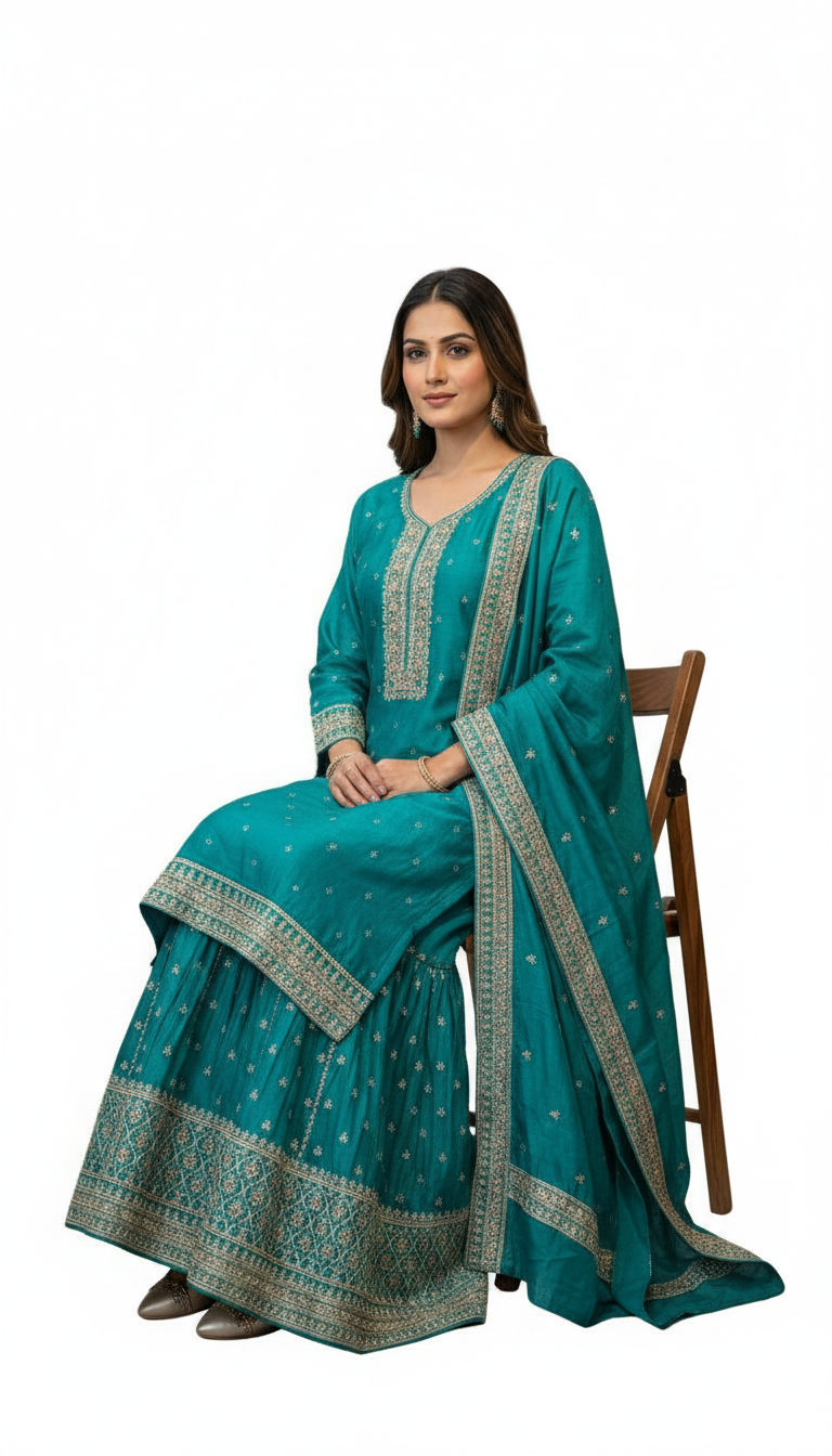 Heavy Embroidered Chinon Silk Partywear Flapper Semi Stitched Suit - Rama Green  / HC001673 view 5