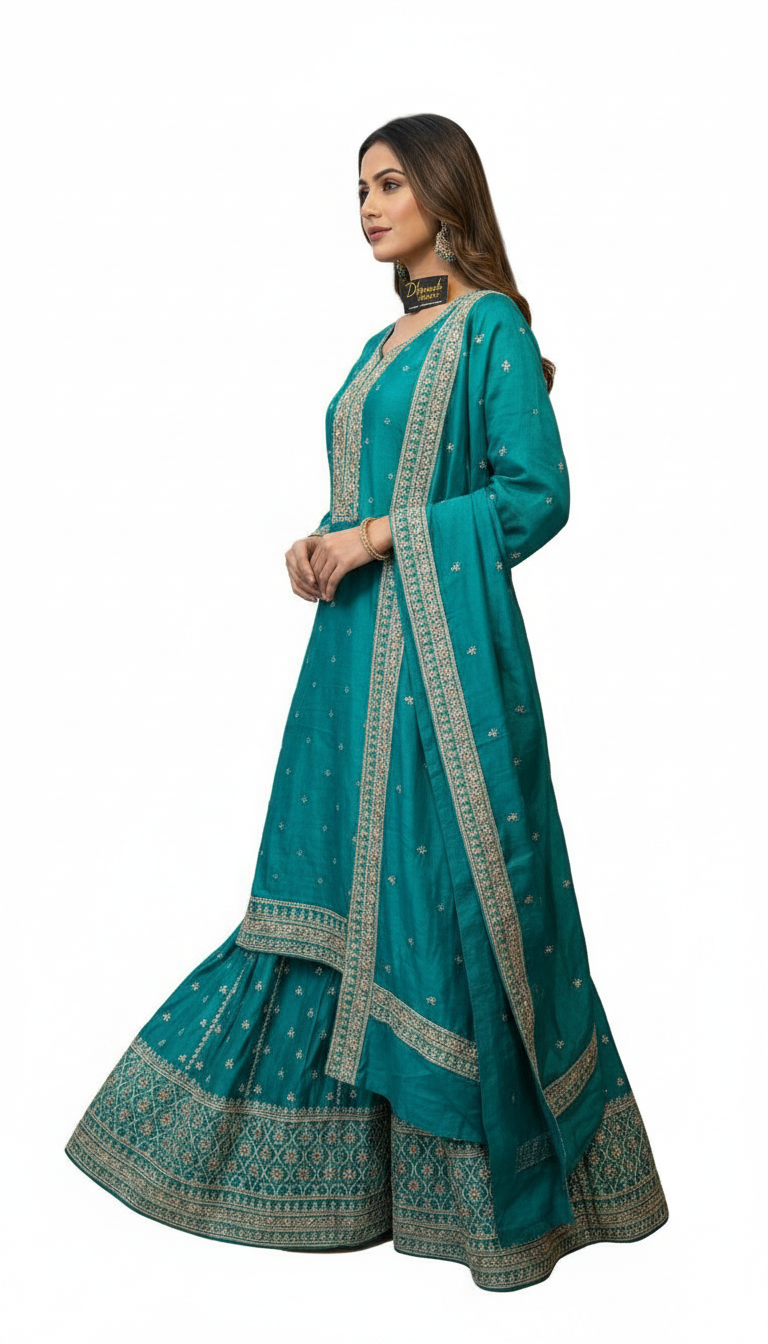 Heavy Embroidered Chinon Silk Partywear Flapper Semi Stitched Suit - Rama Green  / HC001673 view 3