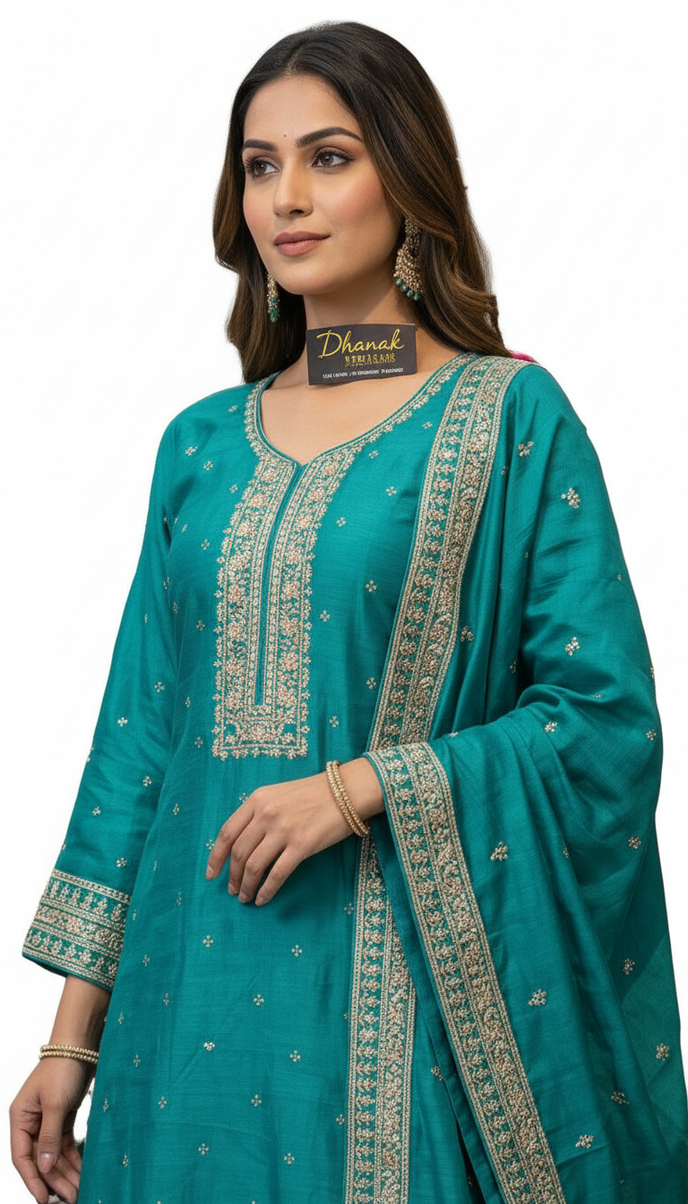 Heavy Embroidered Chinon Silk Partywear Flapper Semi Stitched Suit - Rama Green  / HC001673 view 4
