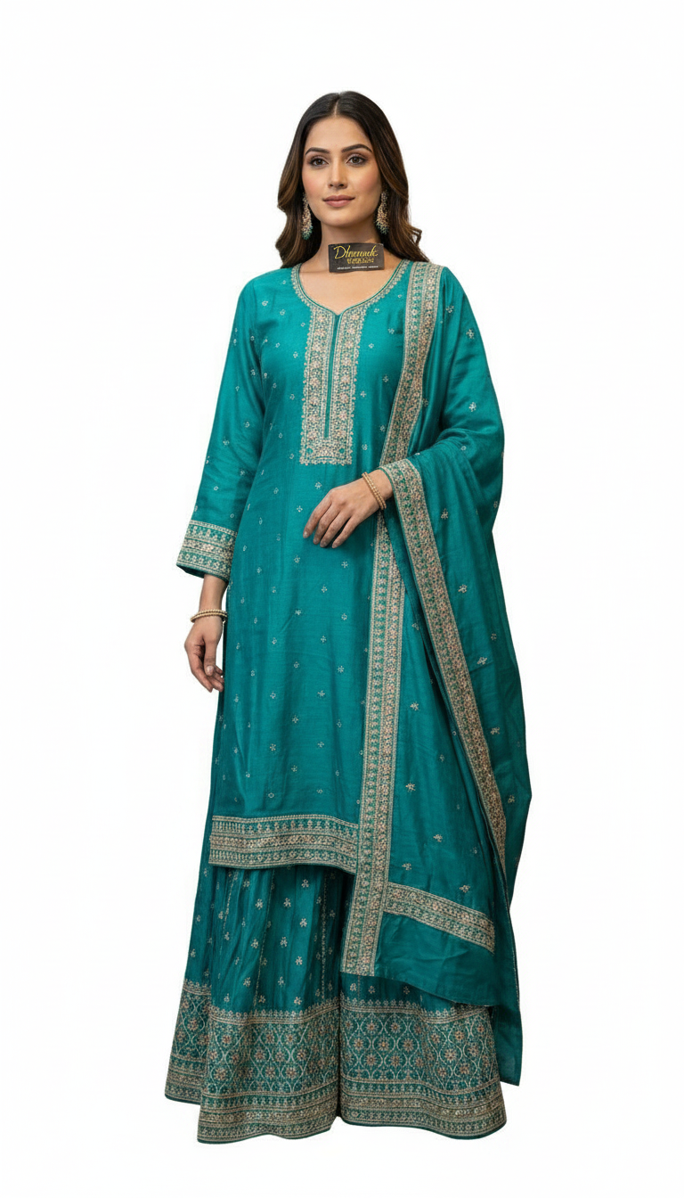 Heavy Embroidered Chinon Silk Partywear Flapper Semi Stitched Suit - Rama Green  / HC001673 view 2