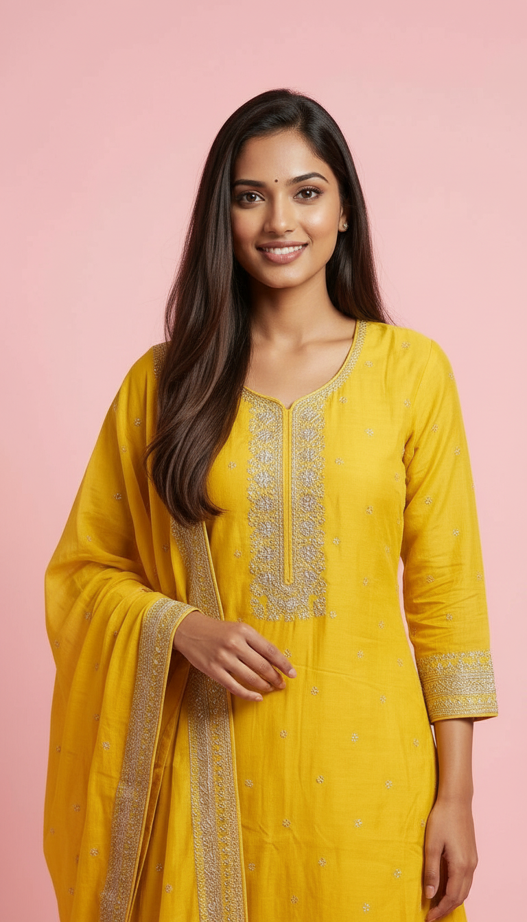 Heavy Embroidered Chinon Silk Partywear Flapper Suit - Yellow / HC001673 view 3