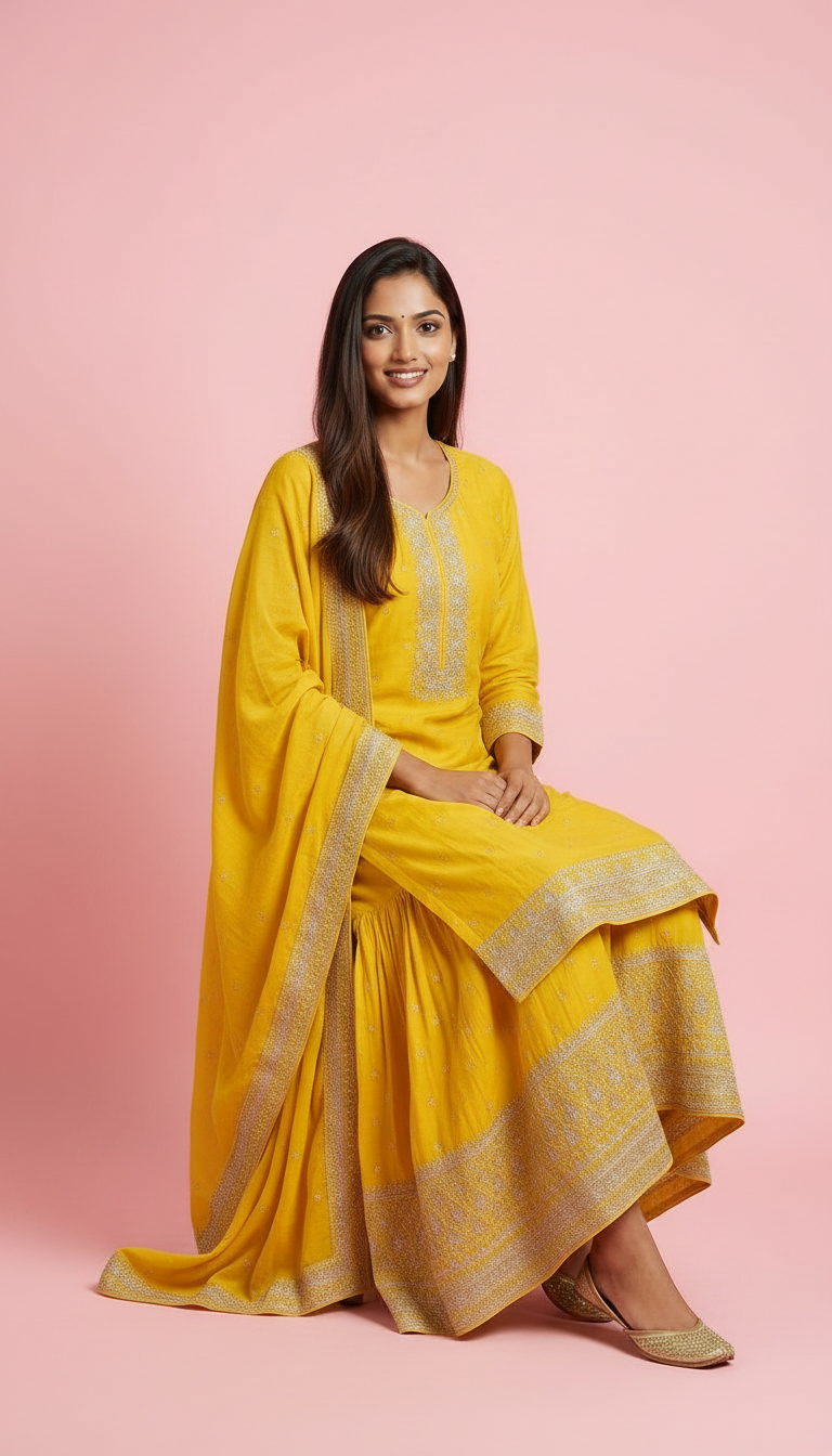 Heavy Embroidered Chinon Silk Partywear Flapper Suit - Yellow / HC001673 view 4