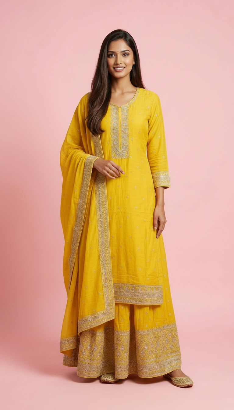 Heavy Embroidered Chinon Silk Partywear Flapper Suit - Yellow / HC001673 view 2