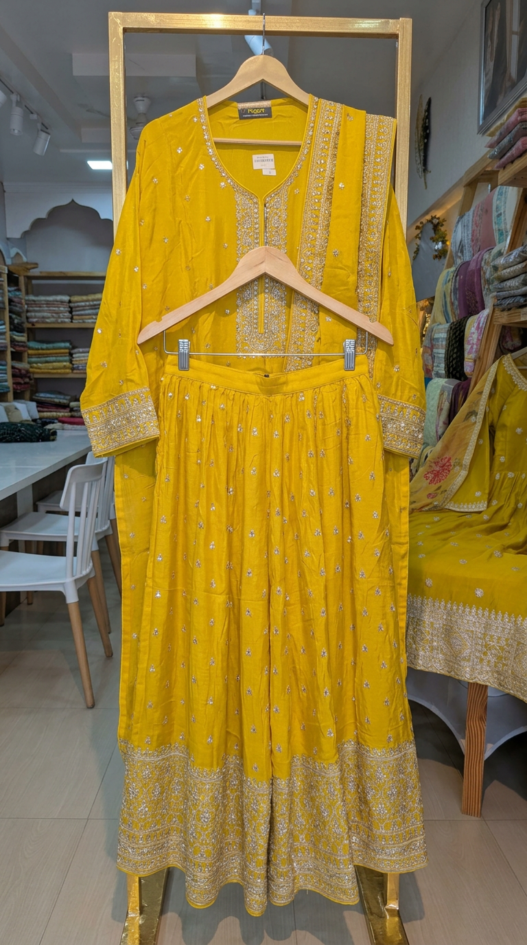 Heavy Embroidered Chinon Silk Partywear Flapper Suit - Yellow / HC001673 view 5