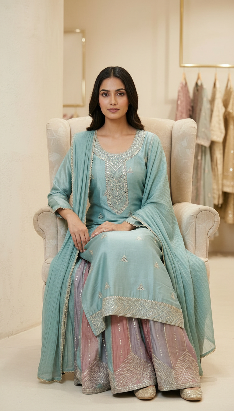 Heavy Embroidered With Mirror Work Elegant Partywear Flapper Suit - 9 C / SD0062 view 5