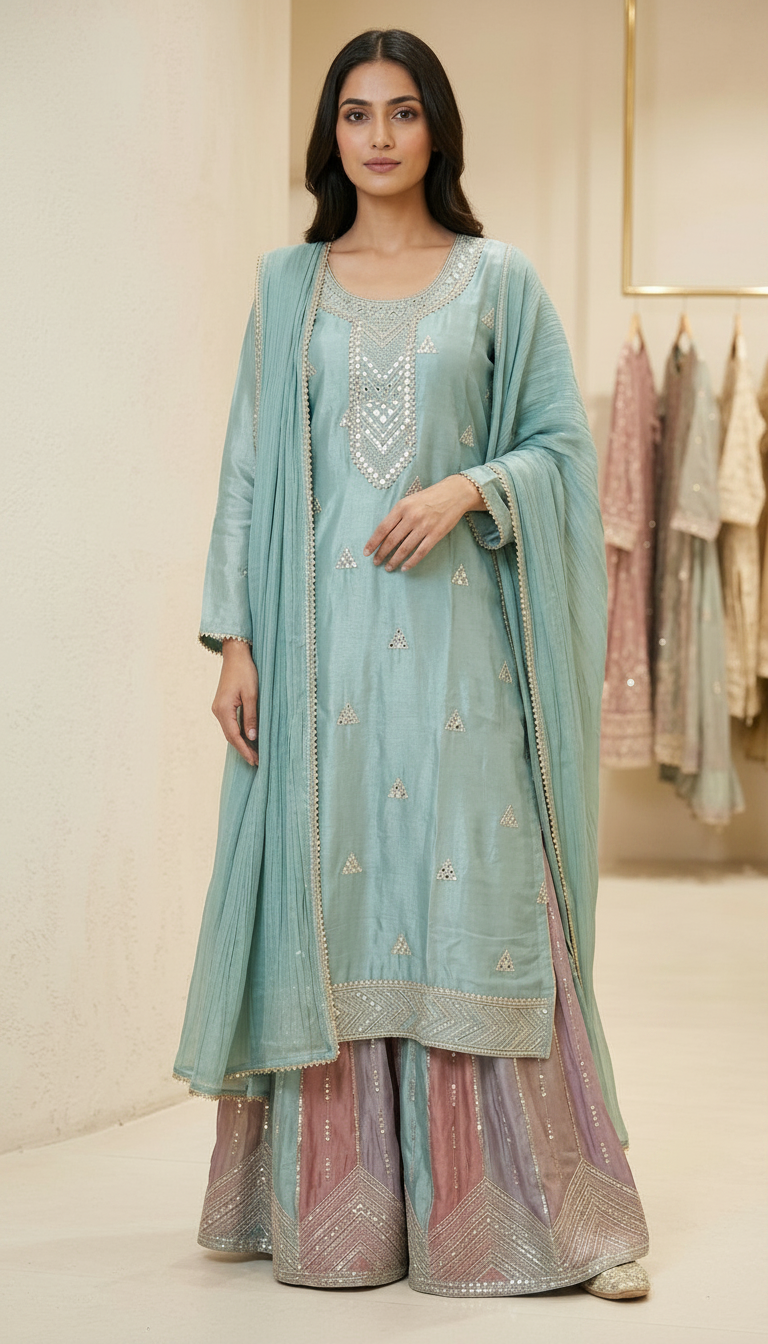 Heavy Embroidered With Mirror Work Elegant Partywear Flapper Suit - 9 C / SD0062 view 3