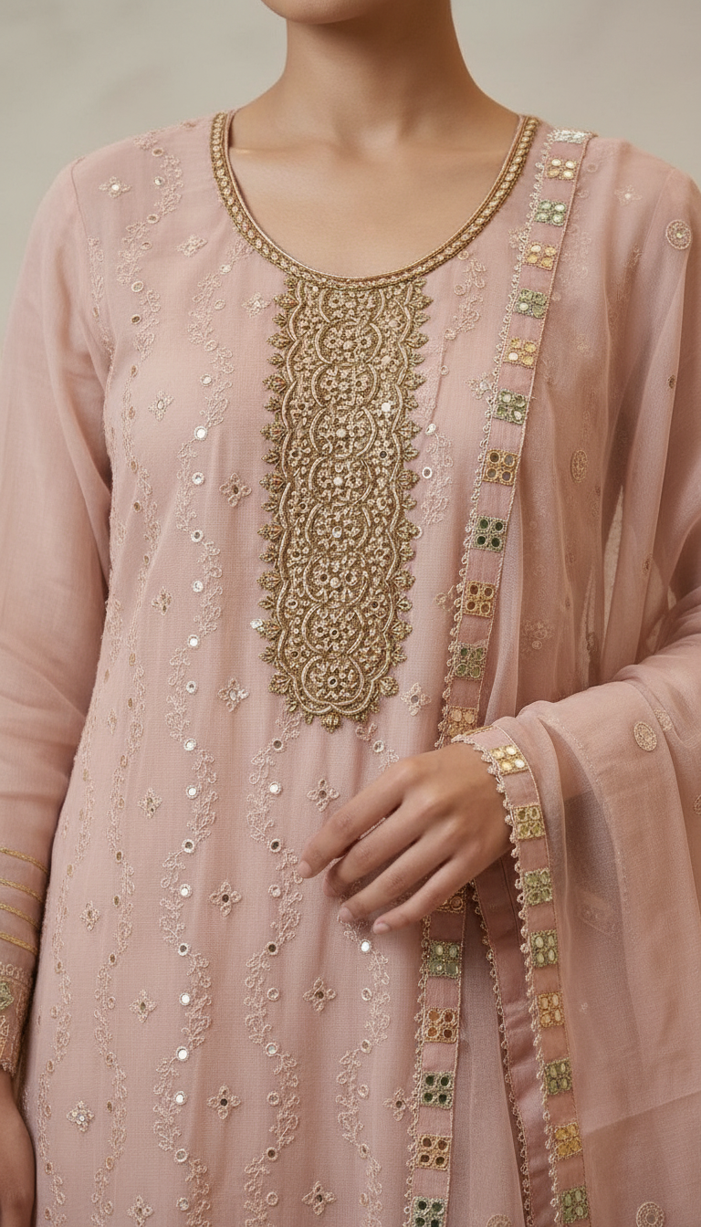 Pure Chiffon Embroidery Sharara Suit - SS12 A Light Peech / HC001673 view 4