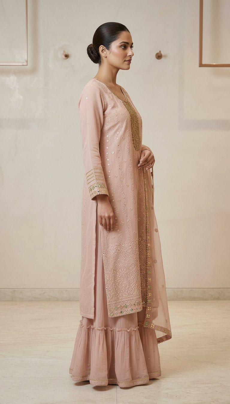 Pure Chiffon Embroidery Sharara Suit - SS12 A Light Peech / HC001673 view 3