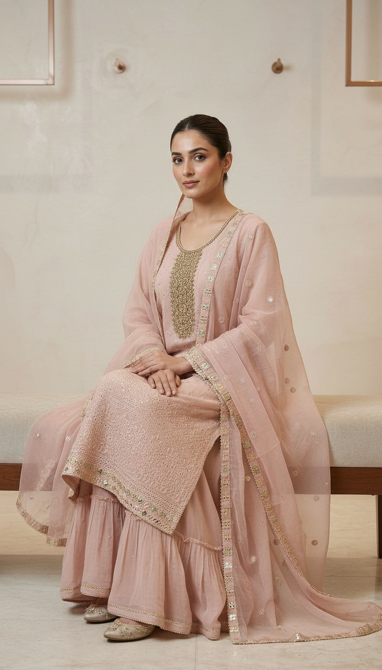 Pure Chiffon Embroidery Sharara Suit - SS12 A Light Peech / HC001673 view 5