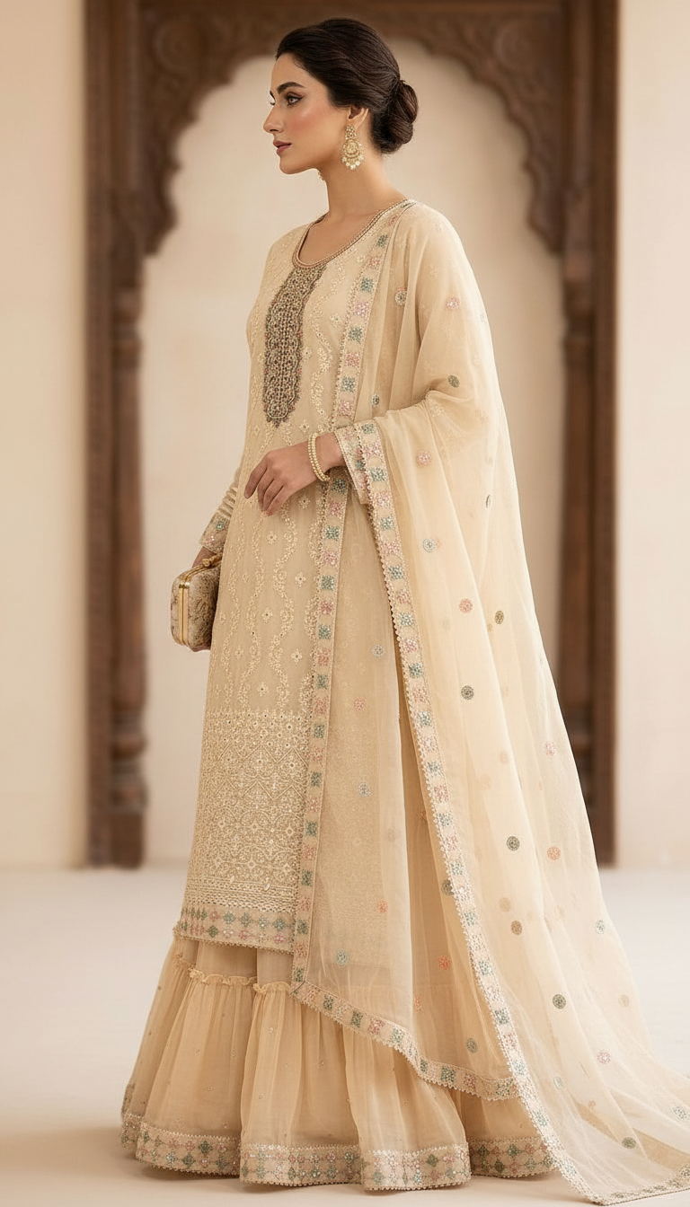 Pure Chiffon Embroidery Sharara Suit - SS12 A Light Yellow / HC001673 view 2