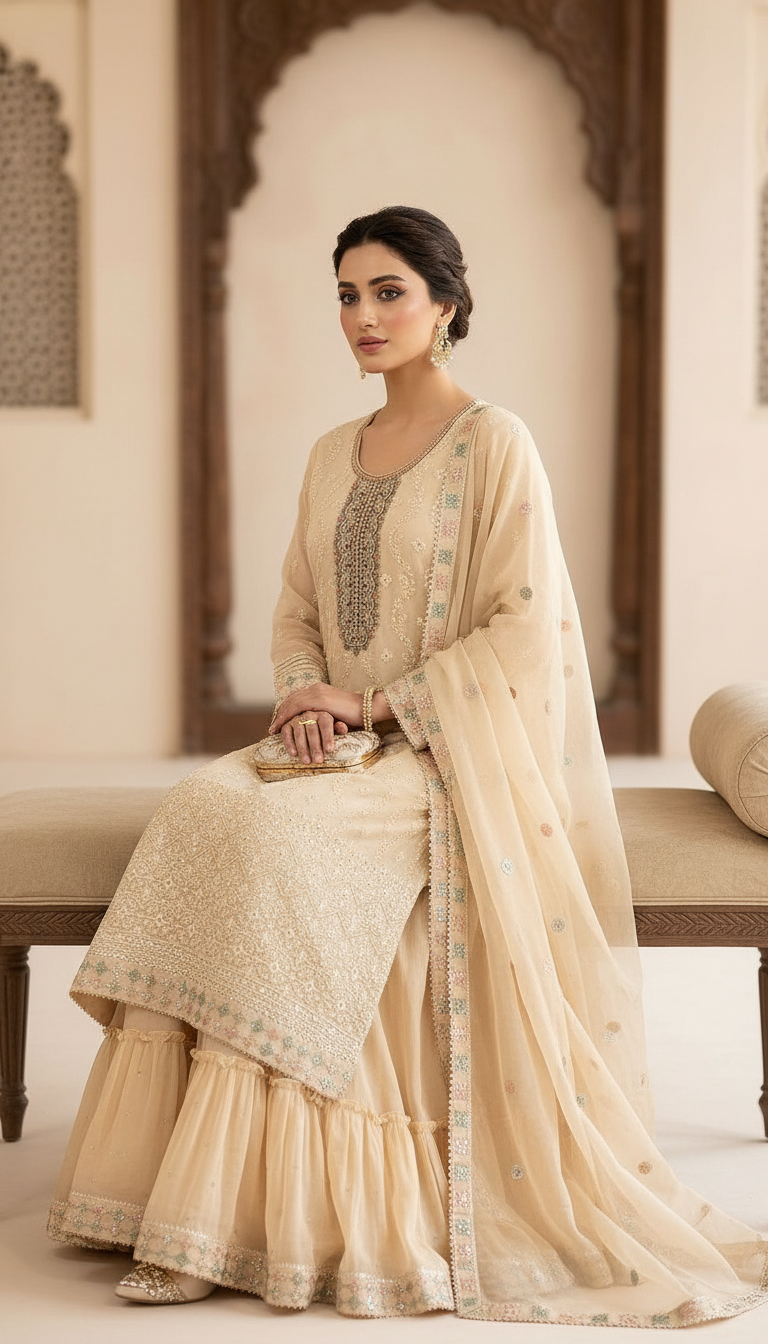 Pure Chiffon Embroidery Sharara Suit - SS12 A Light Yellow / HC001673 view 4