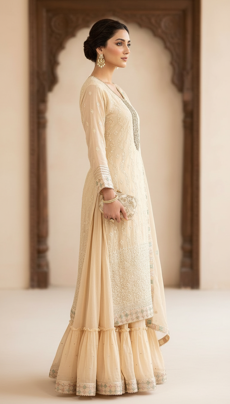 Pure Chiffon Embroidery Sharara Suit - SS12 A Light Yellow / HC001673 view 3