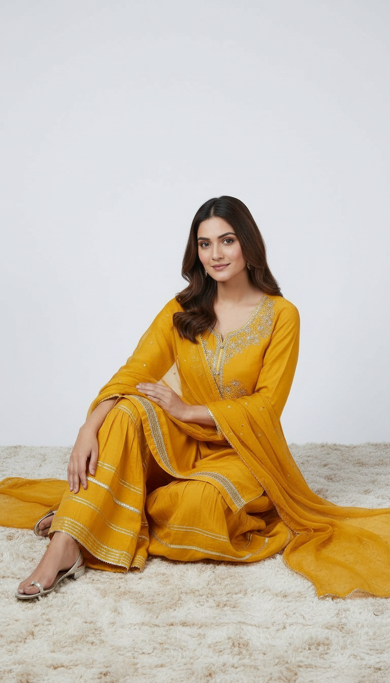 Embroidered Silk Handwork Sharara Semi Stitch Suit - Mastard A-9 / HC001673 view 5