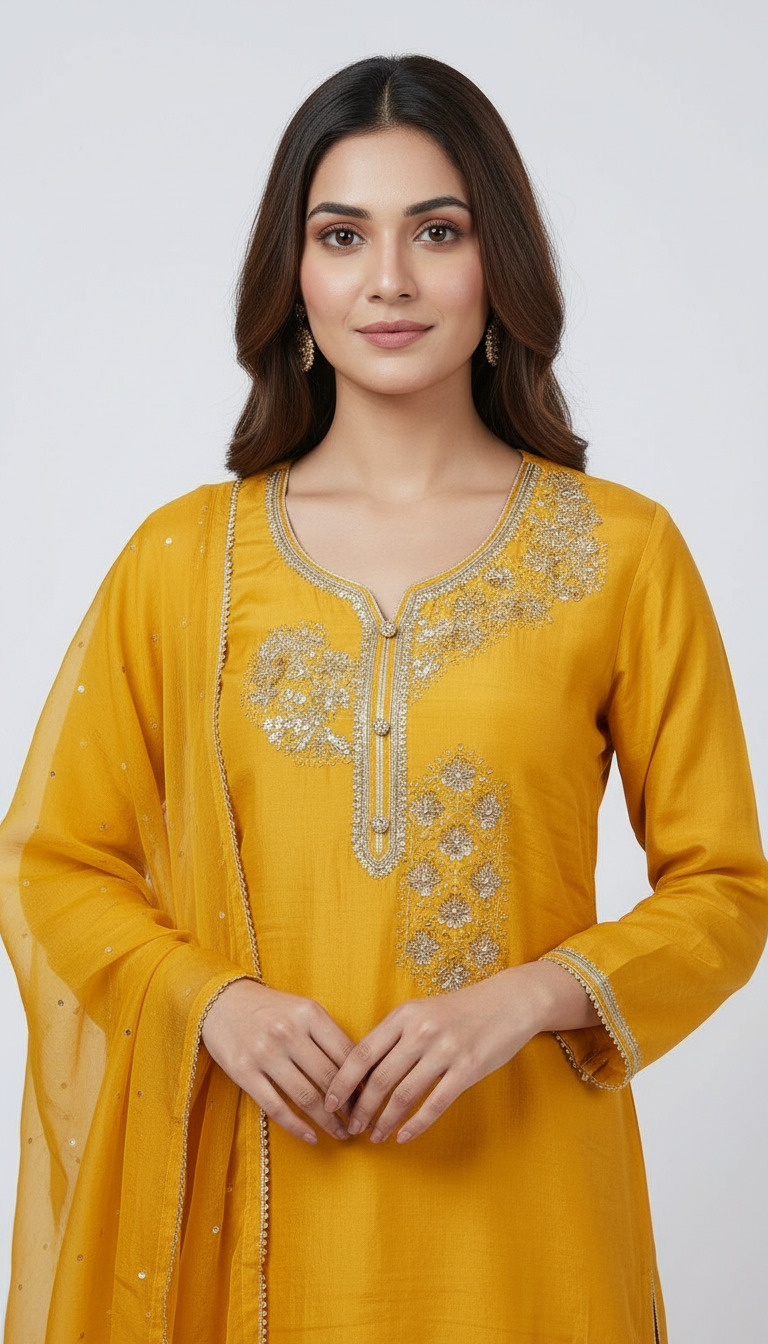 Embroidered Silk Handwork Sharara Semi Stitch Suit - Mastard A-9 / HC001673 view 4