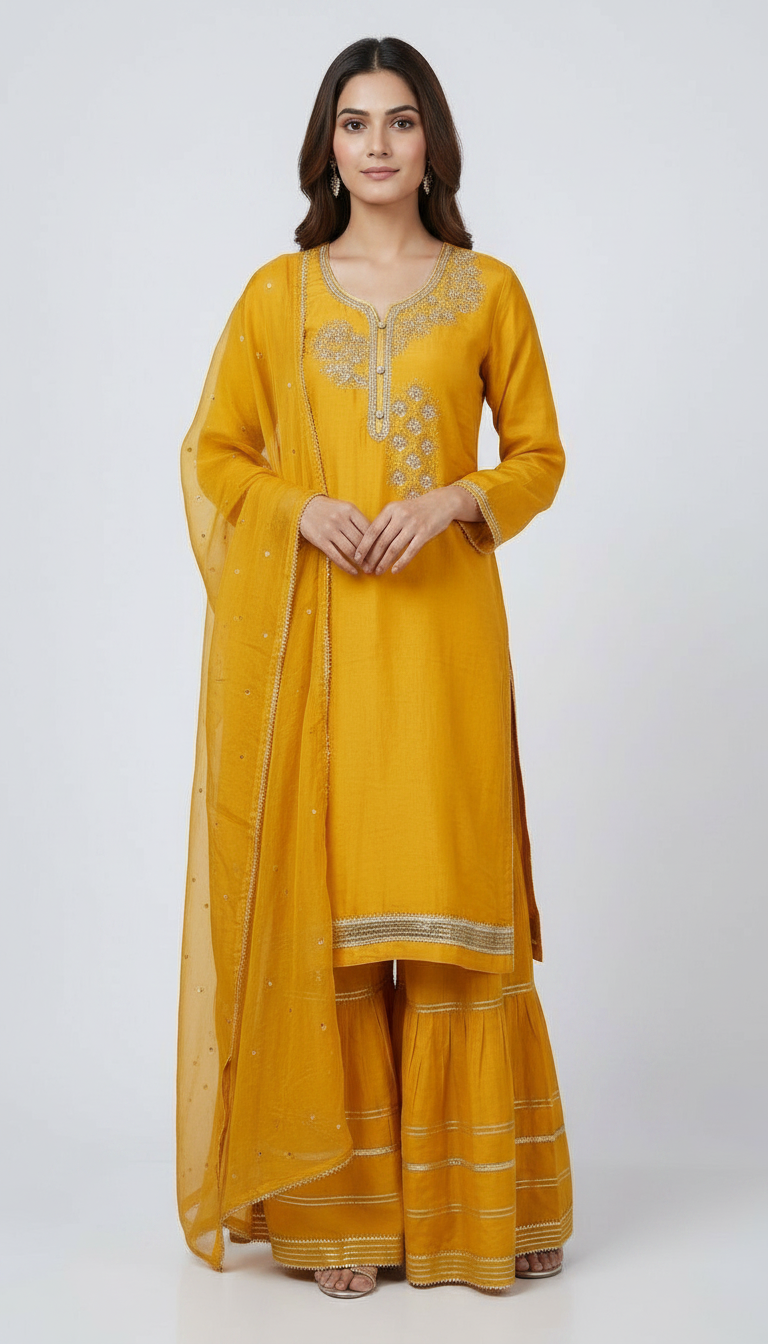 Embroidered Silk Handwork Sharara Semi Stitch Suit - Mastard A-9 / HC001673 view 2