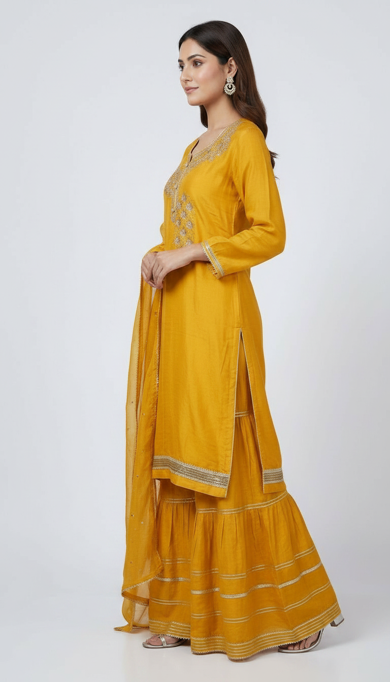 Embroidered Silk Handwork Sharara Semi Stitch Suit - Mastard A-9 / HC001673 view 3