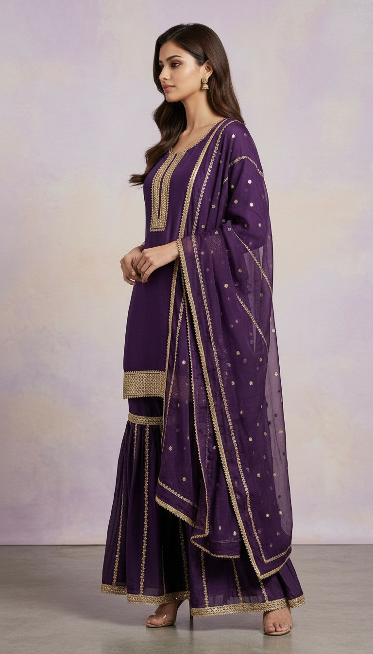 Elegant  Embroidery Pure Georgette Flapper Semi Stitch Suit - Purple A - 4 / HC001673 view 2