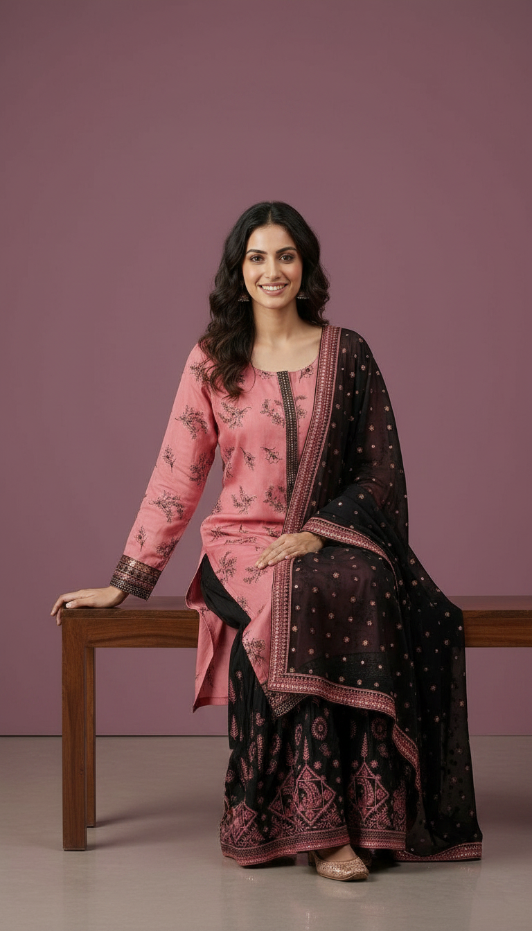 Heavy Embroidered Sharara Semi Stitch Suit - Pink A 14 / HC001673 view 5