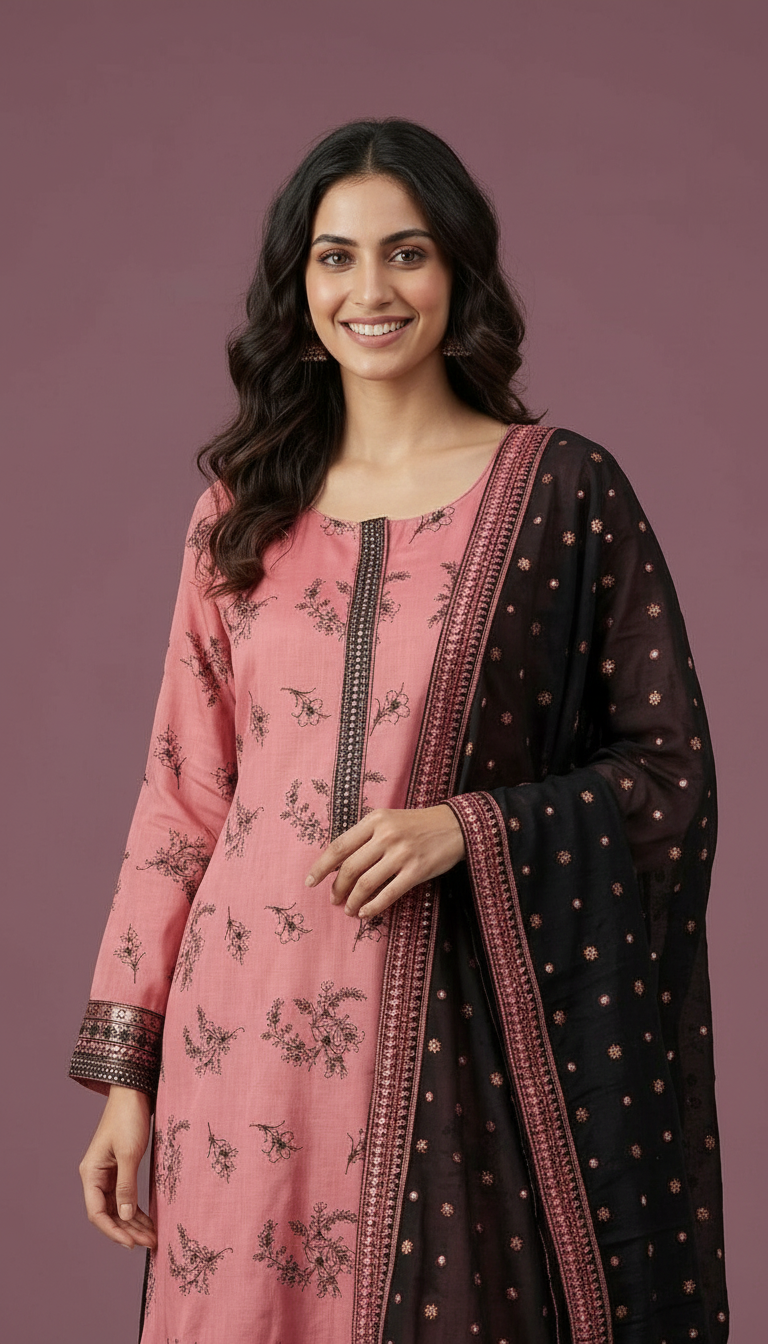 Heavy Embroidered Sharara Semi Stitch Suit - Pink A 14 / HC001673 view 4