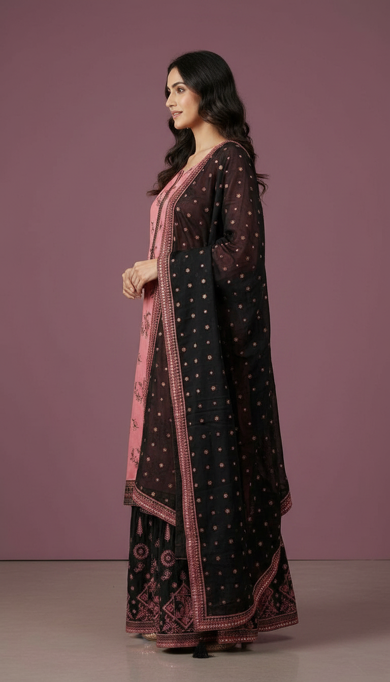 Heavy Embroidered Sharara Semi Stitch Suit - Pink A 14 / HC001673 view 2