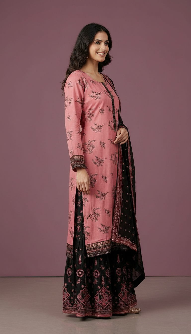 Heavy Embroidered Sharara Semi Stitch Suit - Pink A 14 / HC001673 view 3