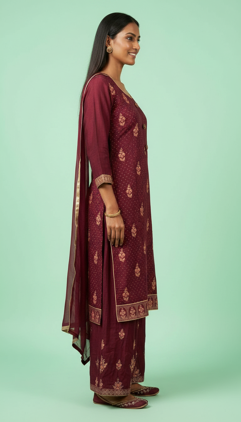 Embroidered Pure Silk Flapper Suit Maroon A-3 / HC001673 view 3