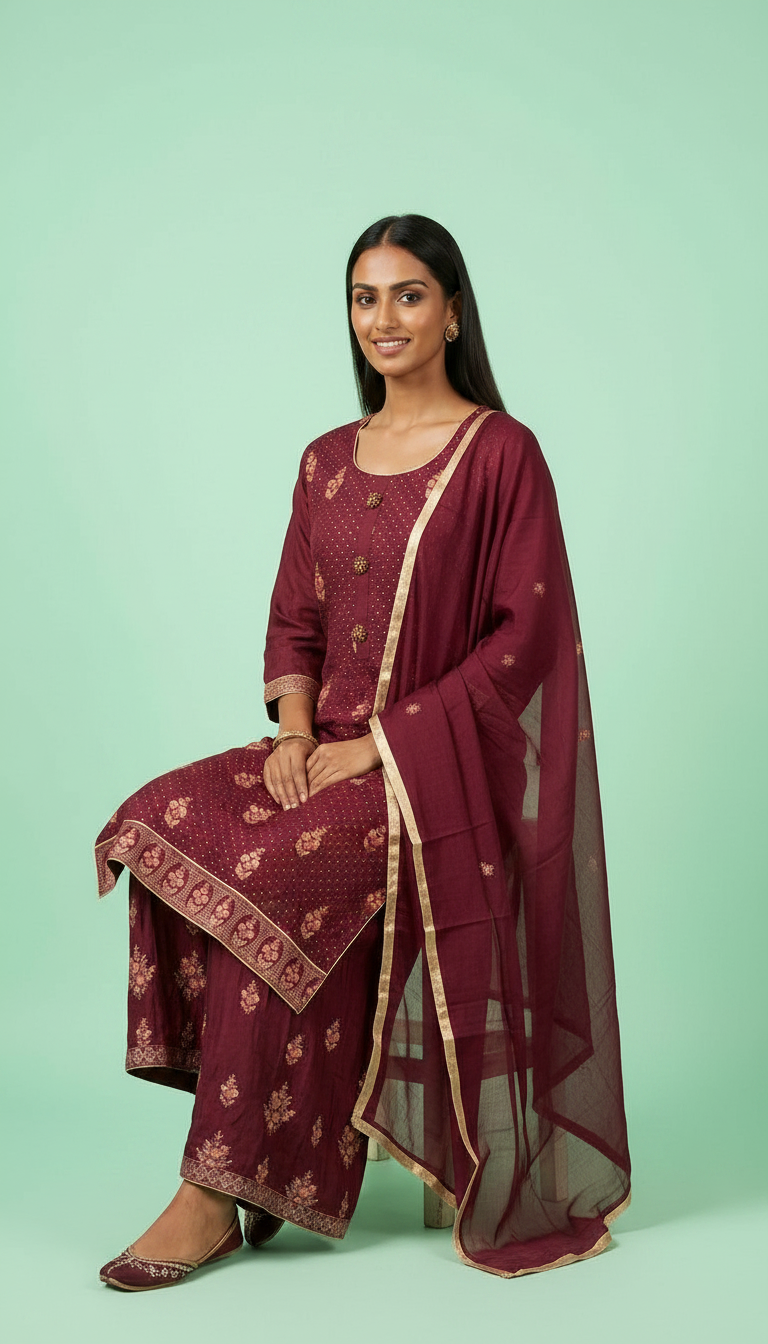 Embroidered Pure Silk Flapper Suit Maroon A-3 / HC001673 view 5