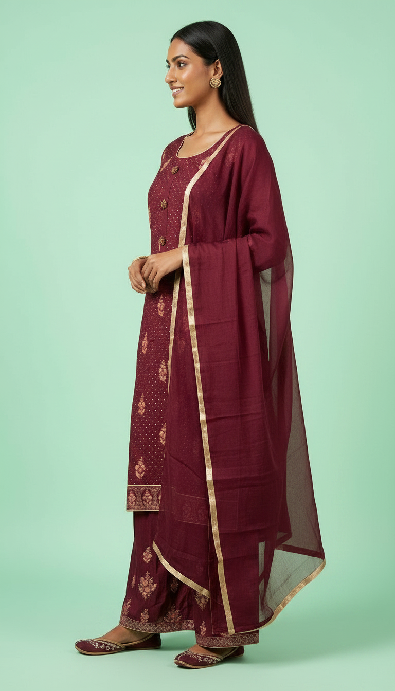 Embroidered Pure Silk Flapper Suit Maroon A-3 / HC001673 view 2