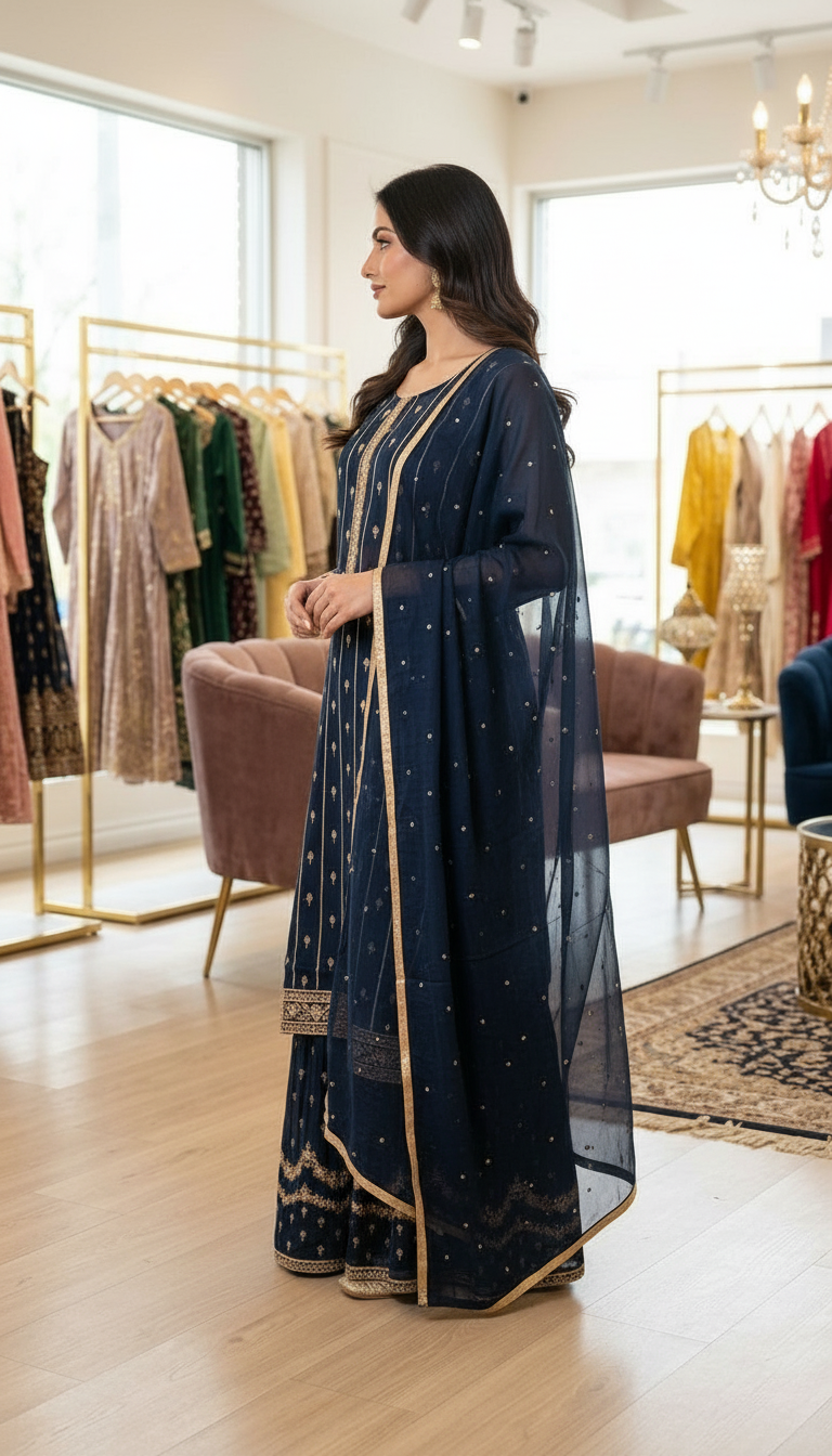 Pure Chinon Embroidered Sharara Semi Stitch Suit - Nevy Blue D / HC001673 view 2