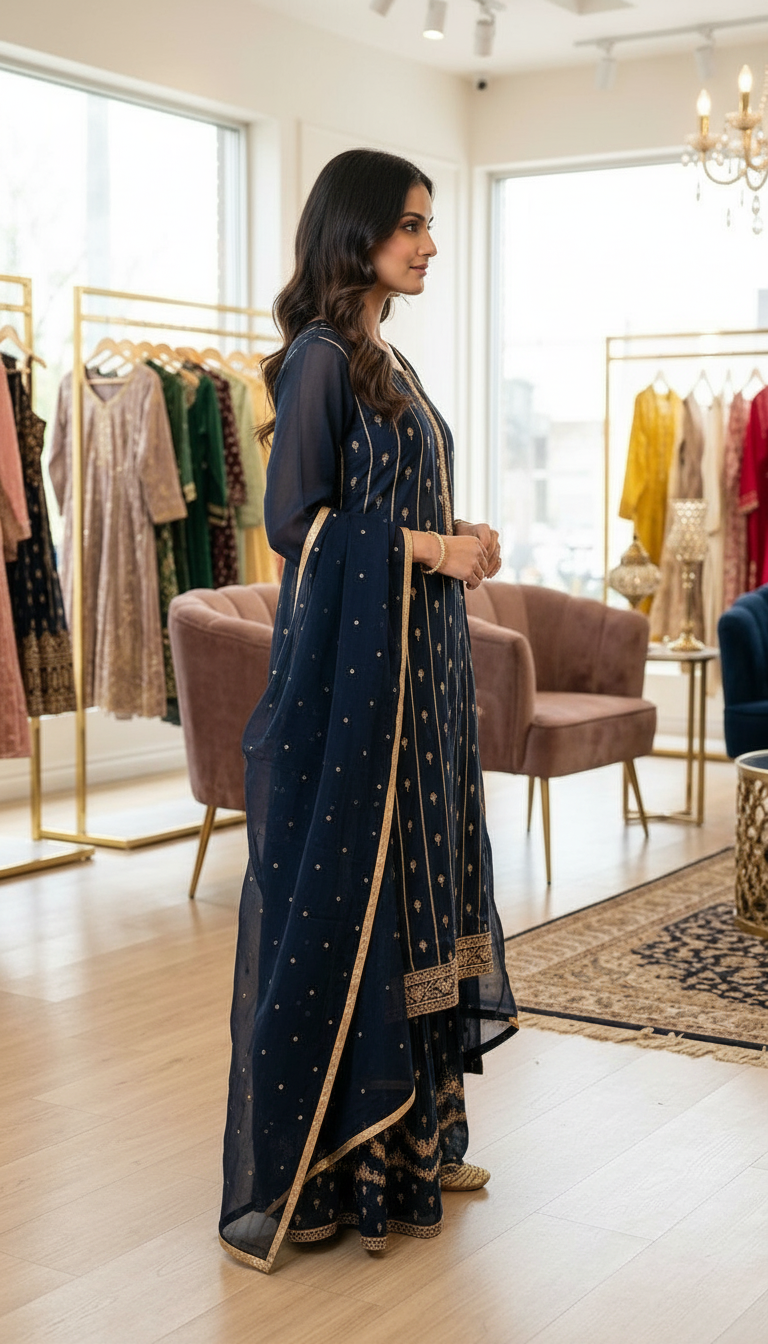 Pure Chinon Embroidered Sharara Semi Stitch Suit - Nevy Blue D / HC001673 view 3