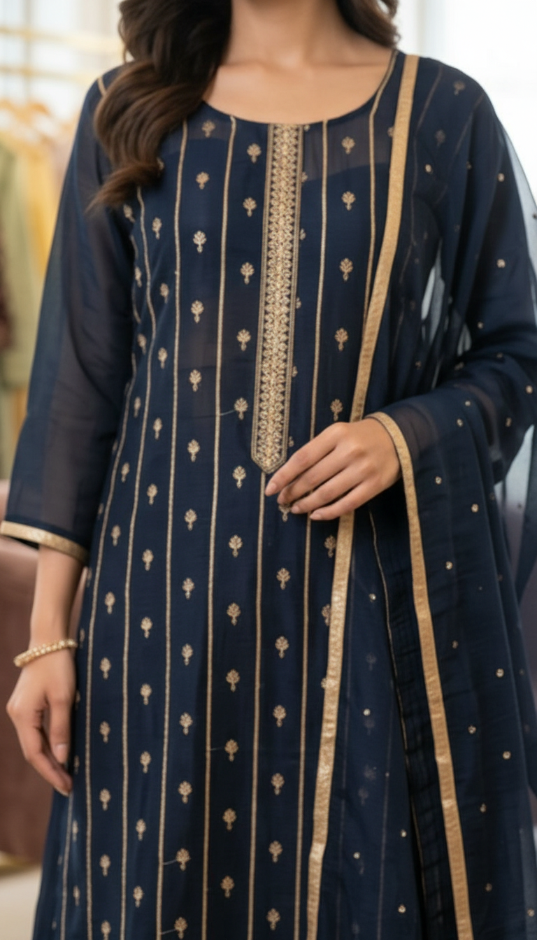 Pure Chinon Embroidered Sharara Semi Stitch Suit - Nevy Blue D / HC001673 view 4